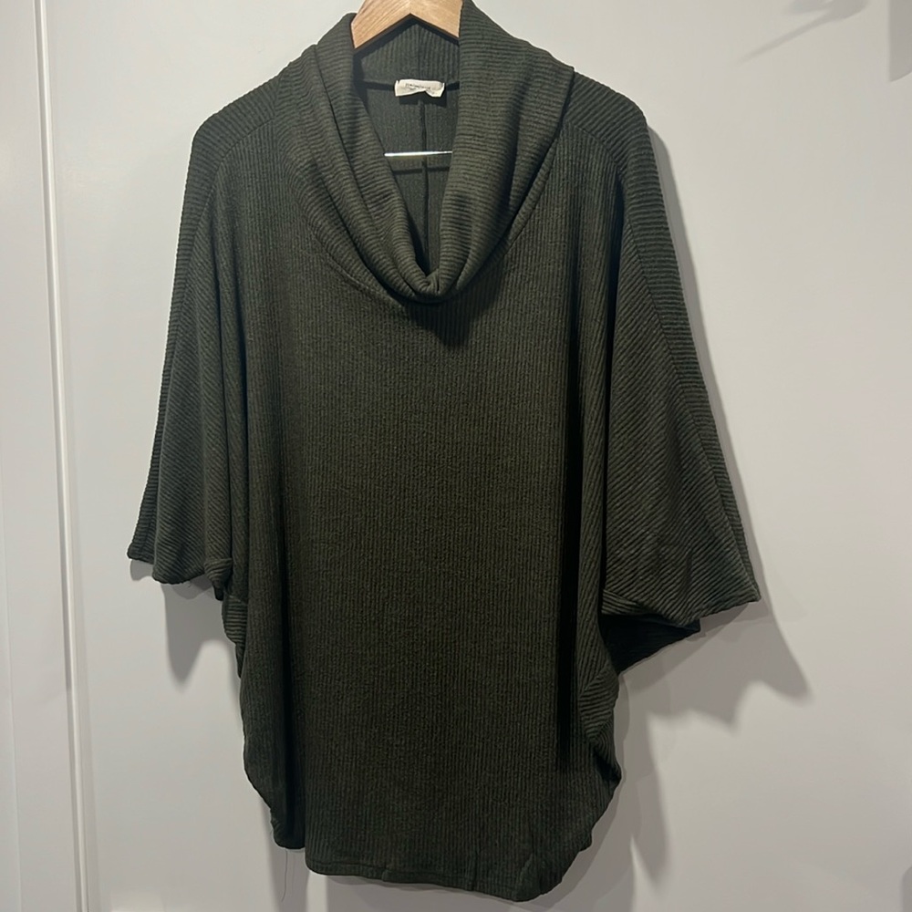 Heimious Knit Top Olive Green Large Dolman Sleeves Cowlneck Ribbed Oversized USA